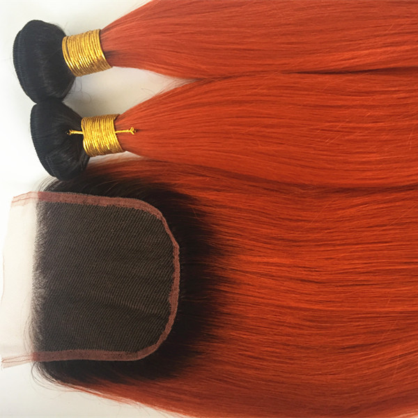 Real Human Hair weft Ombre Color 1b orange  Blonde Package Straight Brazilian Hair Sew In Extensions YL350